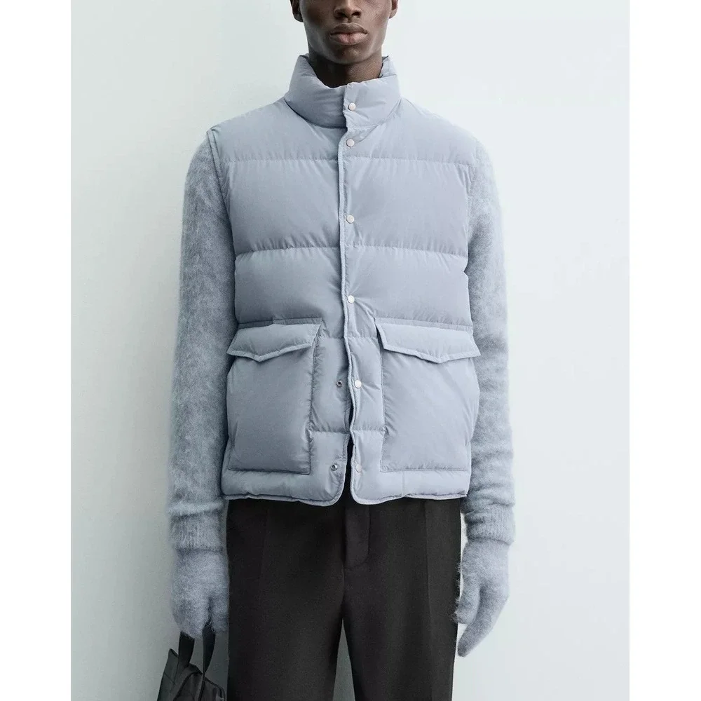 ZARA 100% Down Mens Puffer Vest Light Blue Quilted Snap Button Winter Cozy